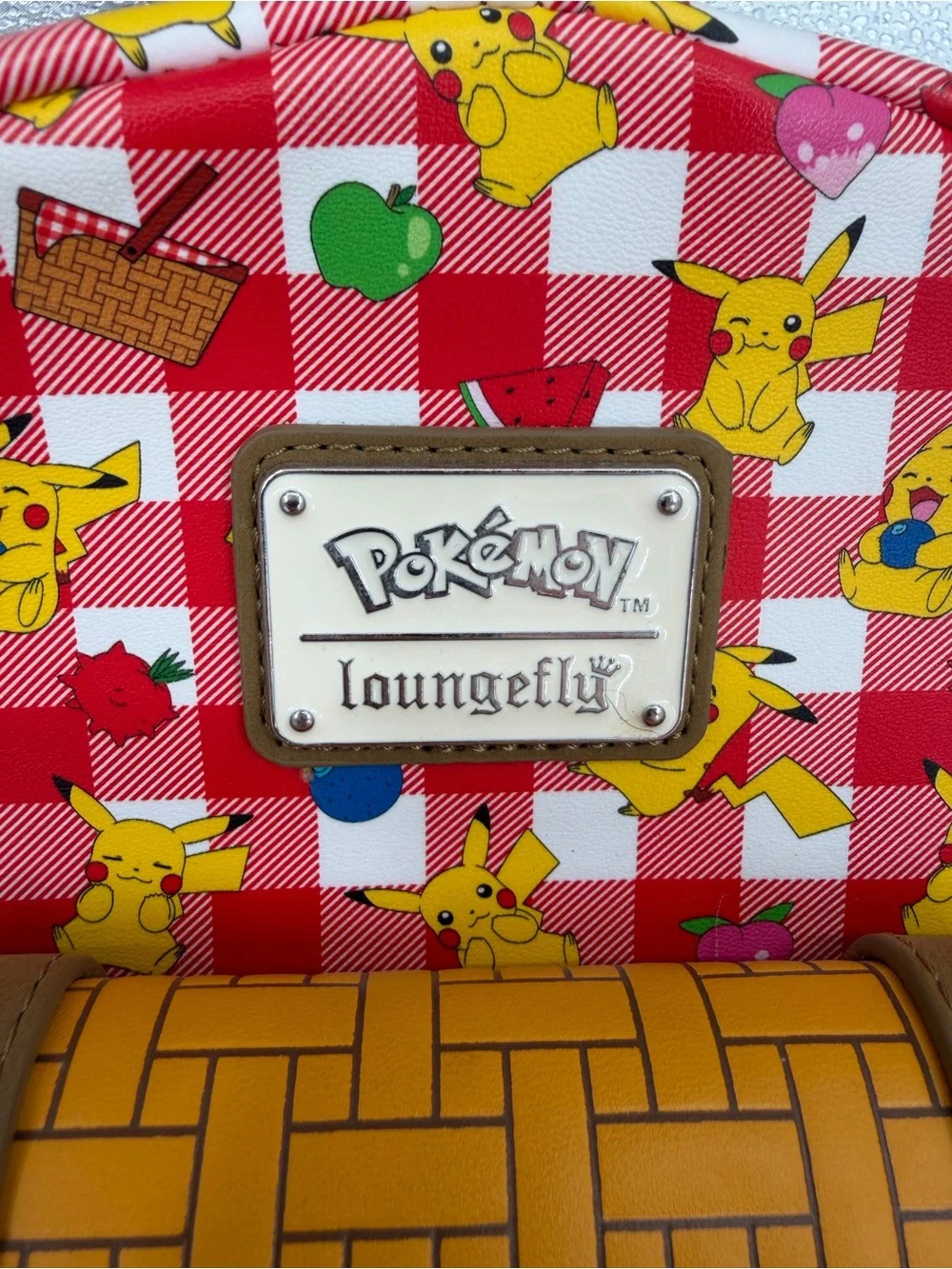 Loungefly Red Check Pikachu Picnic Mini Backpack with Brown Accents